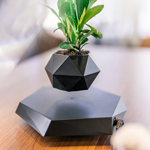 Crystal Black Levitating & Rotating Pot Jardiniere - Defying Natural Gravity | Perfect Bonsai Planter | Unique Precious Lavish Gift | Home Office Livingroom Decor item | BlueHaven International