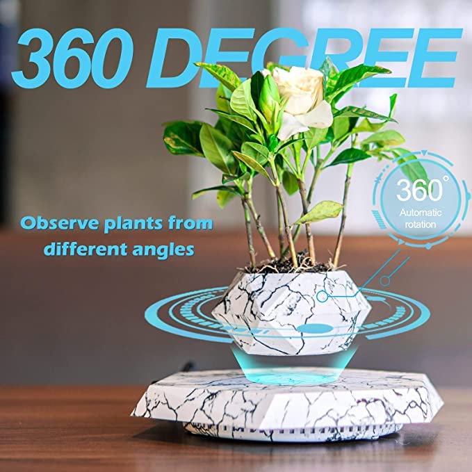 Sparkling White - Floating Levitating Rotating Plant Pot | Perfect Bonsai Planter | Unique Precious Lavish Gift and Decor item | BlueHaven International